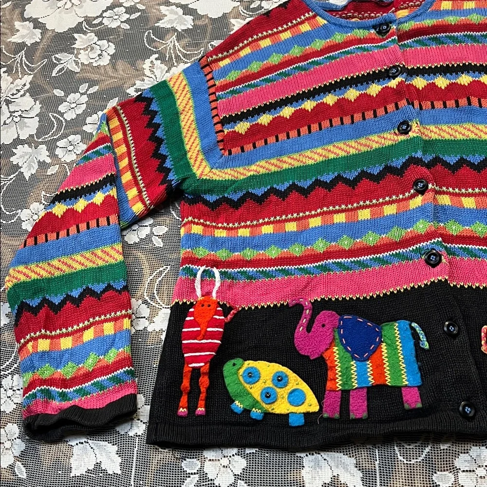 Vintage Susan Bristol multicolor stripe knit cardigan embroidered safari animals - Picture 2 of 8